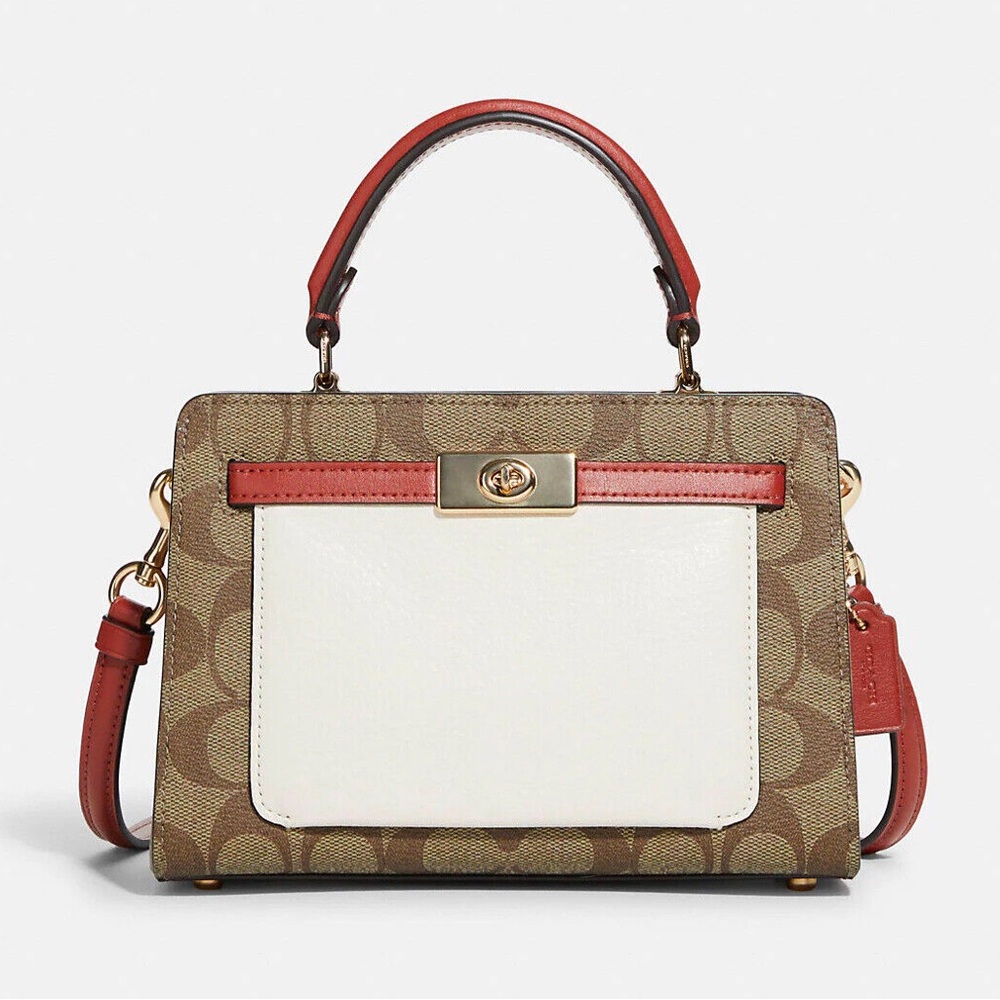 Coach Mini Lane Top Handle In Colorblock Signature Canvas Gold/Khaki/Chalk NWT